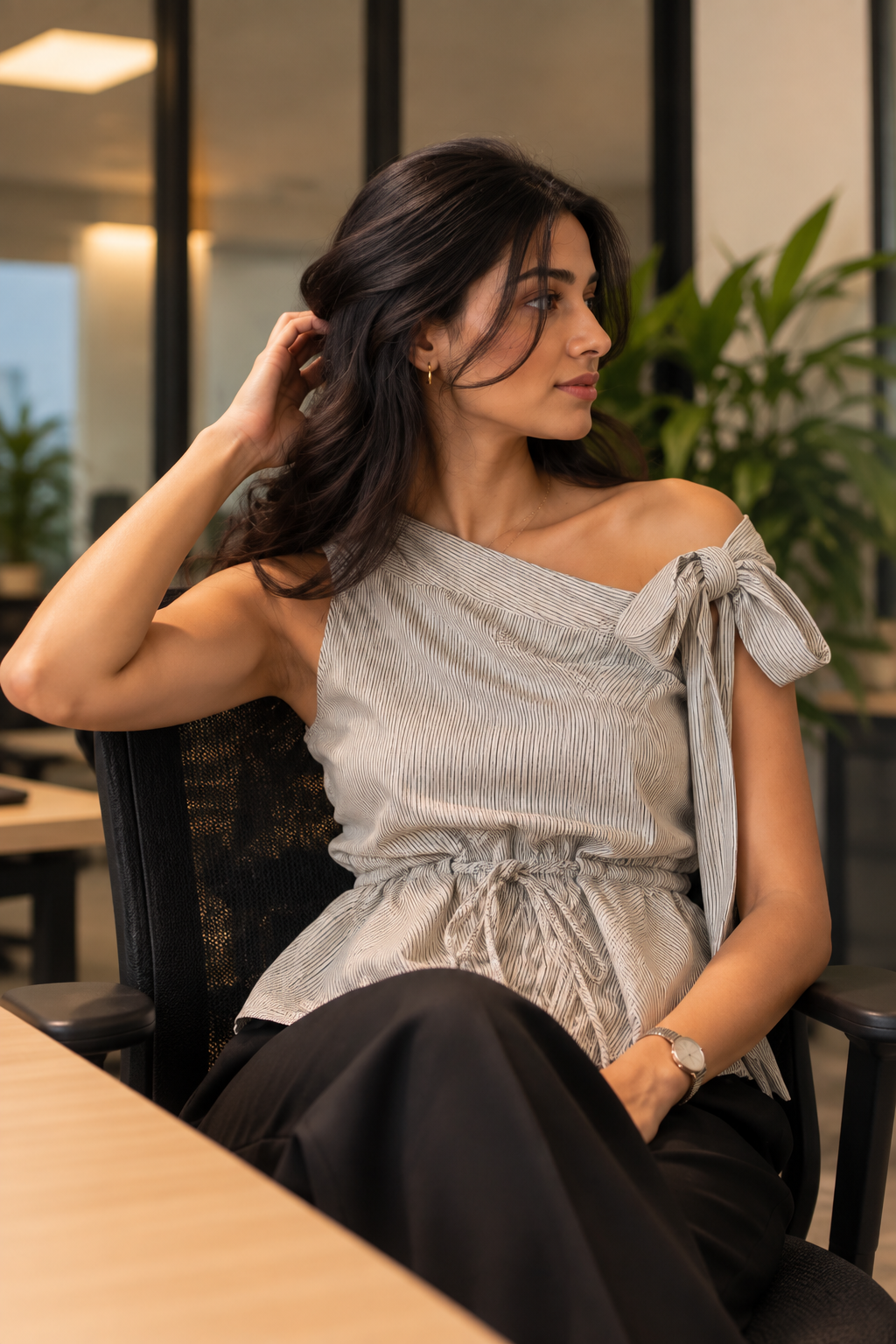 TWIST | Striped Linen-Blend Tie-Up Top